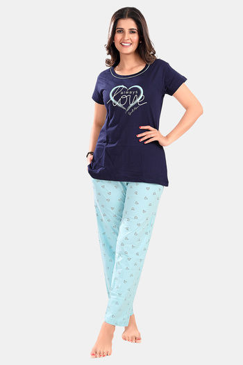 Buy Sweet Moon Knit Cotton Pyjama Set - Skyblue Navyblue